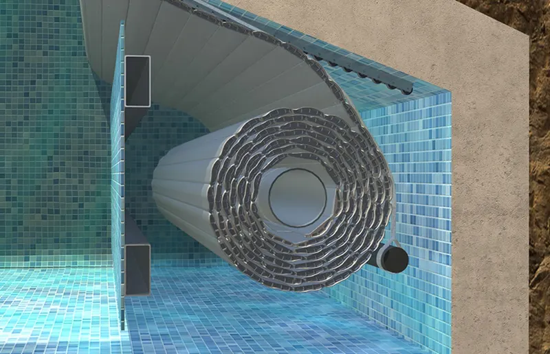 Esquema do enrolador submerso instalado dentro da piscina, escondido sob a água