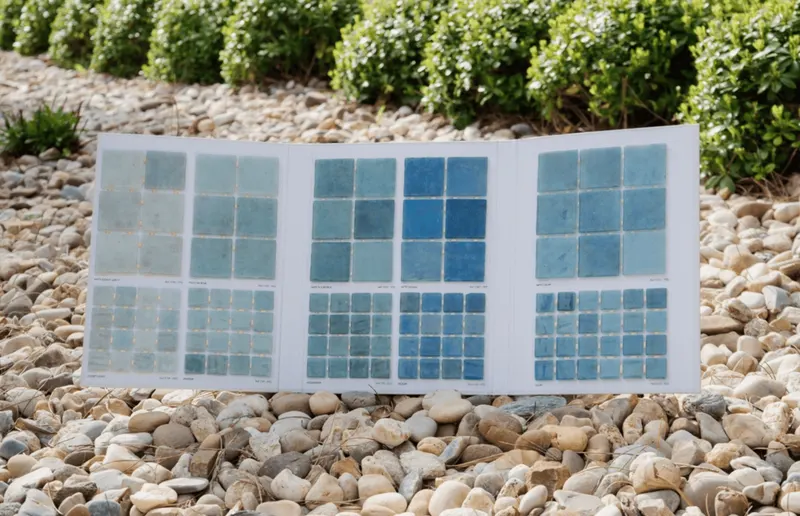Mostruário de mosaico em azuis e turquesas lisos, do mais claro ao mais intenso