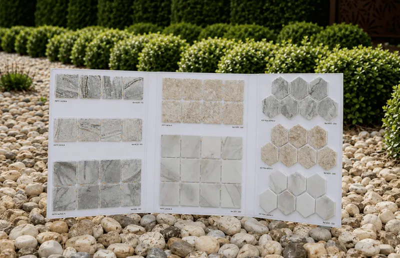 Mostruário em cinzentos, beges e mármore, incluindo peças hexagonais